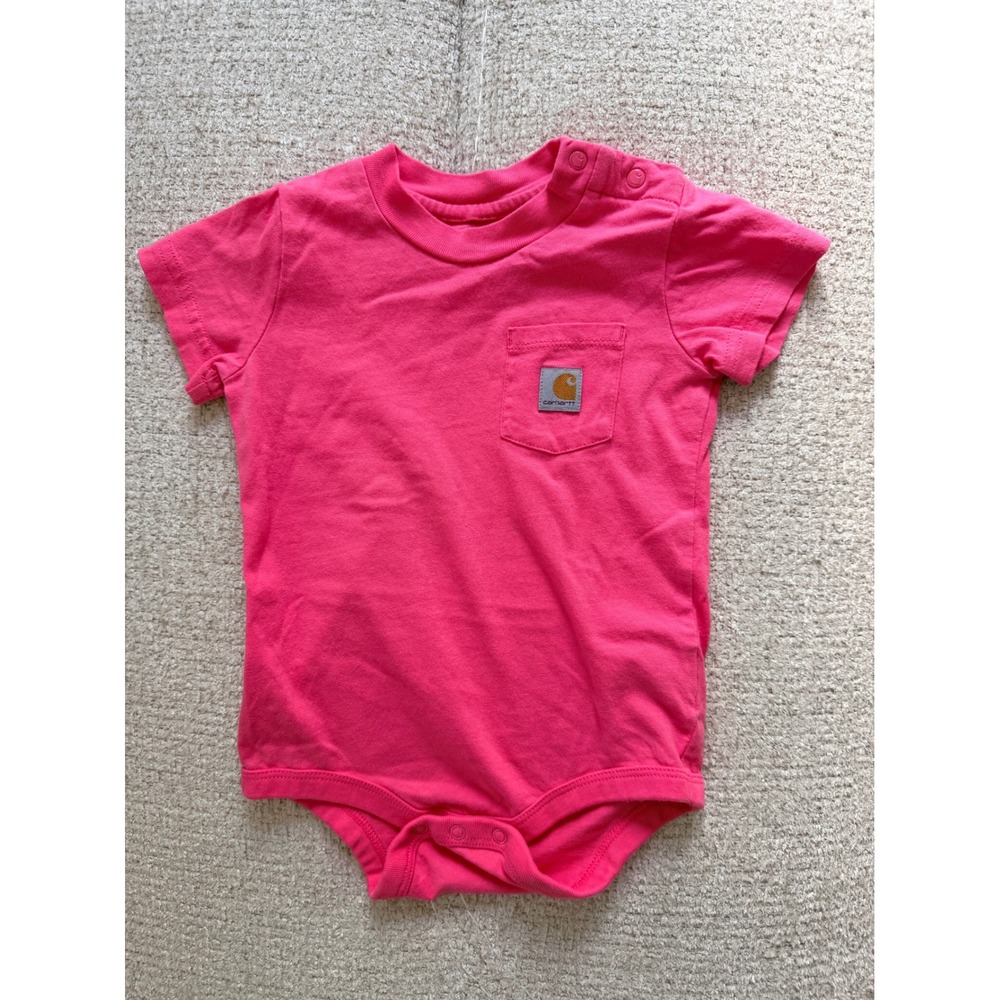Carhartt Baby Girls Pink Short Sleeve Pocket Bodysuit 12M Snap Shoulder Logo